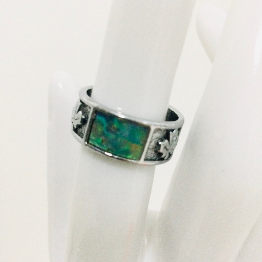 Abalone Inlay Aurora Borealis Silver Ring , w/ Maple Leaf Stamp 🍁 UNISEX , Sz. 6